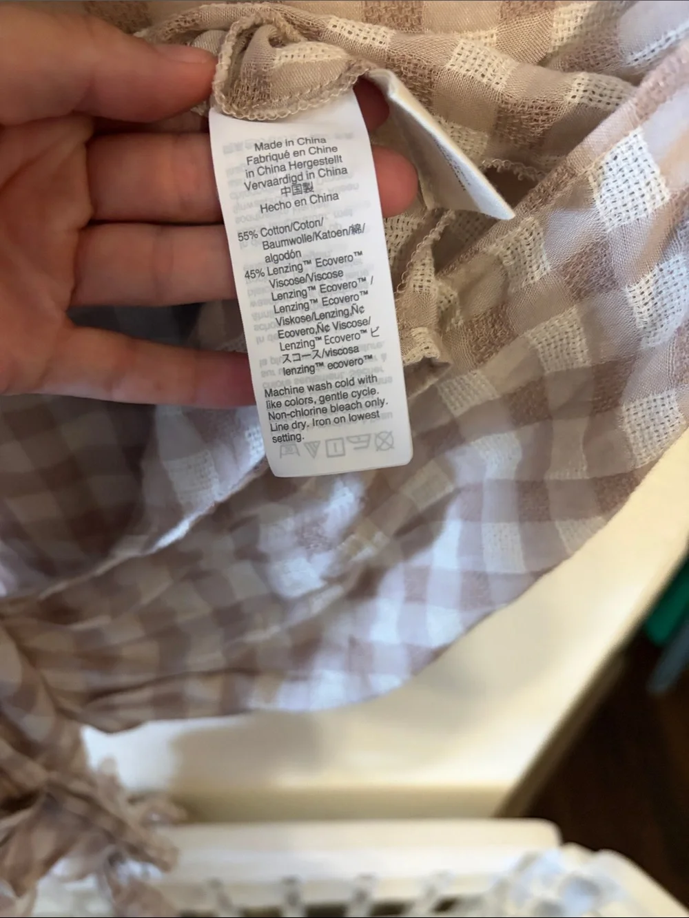 Madewell Beige Gingham Wrap Blouse with Short Puff Sleeves